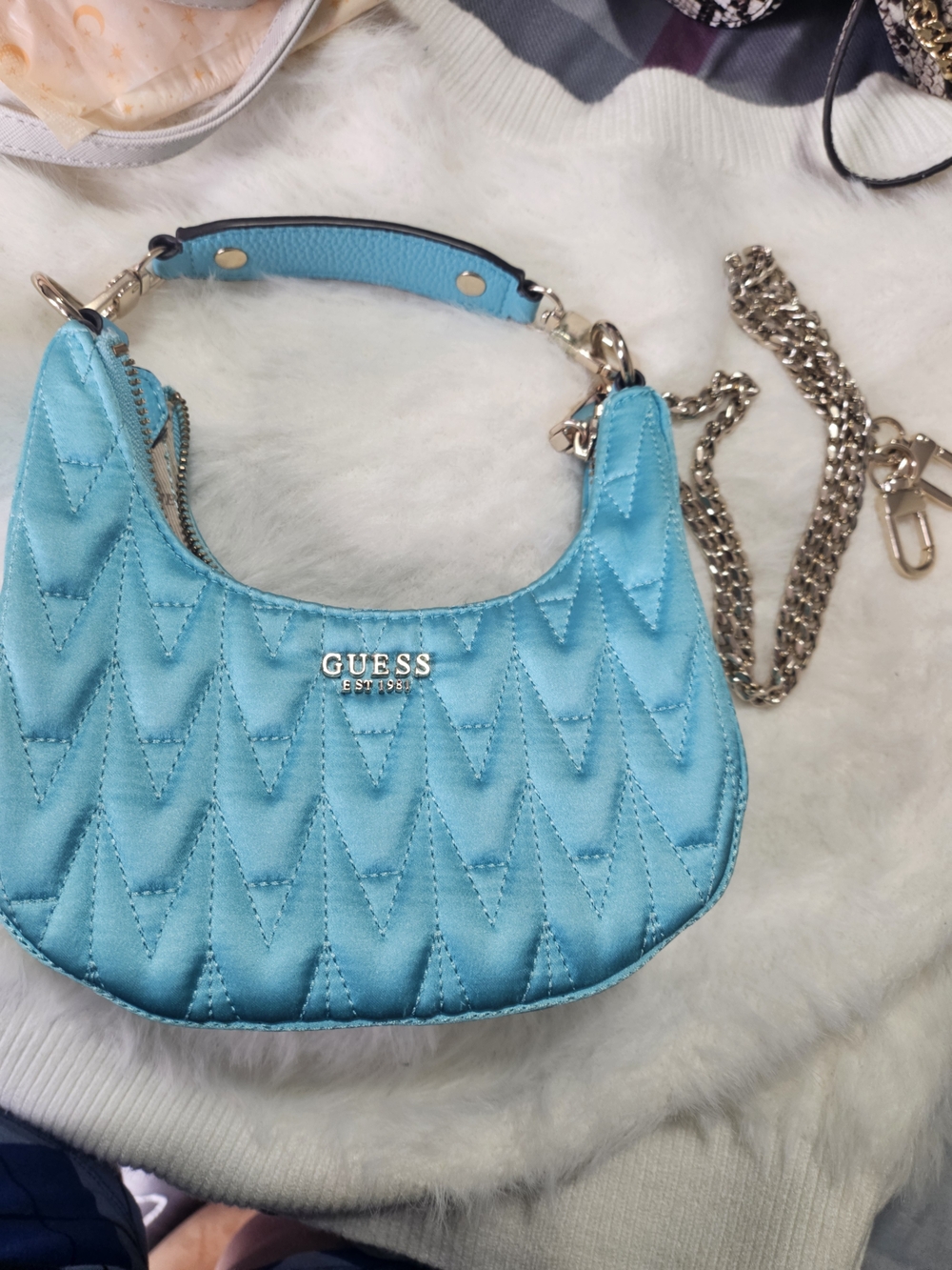 GUESS Turquoise Quilted Mini Hobo Bag with Removable Chain Strap